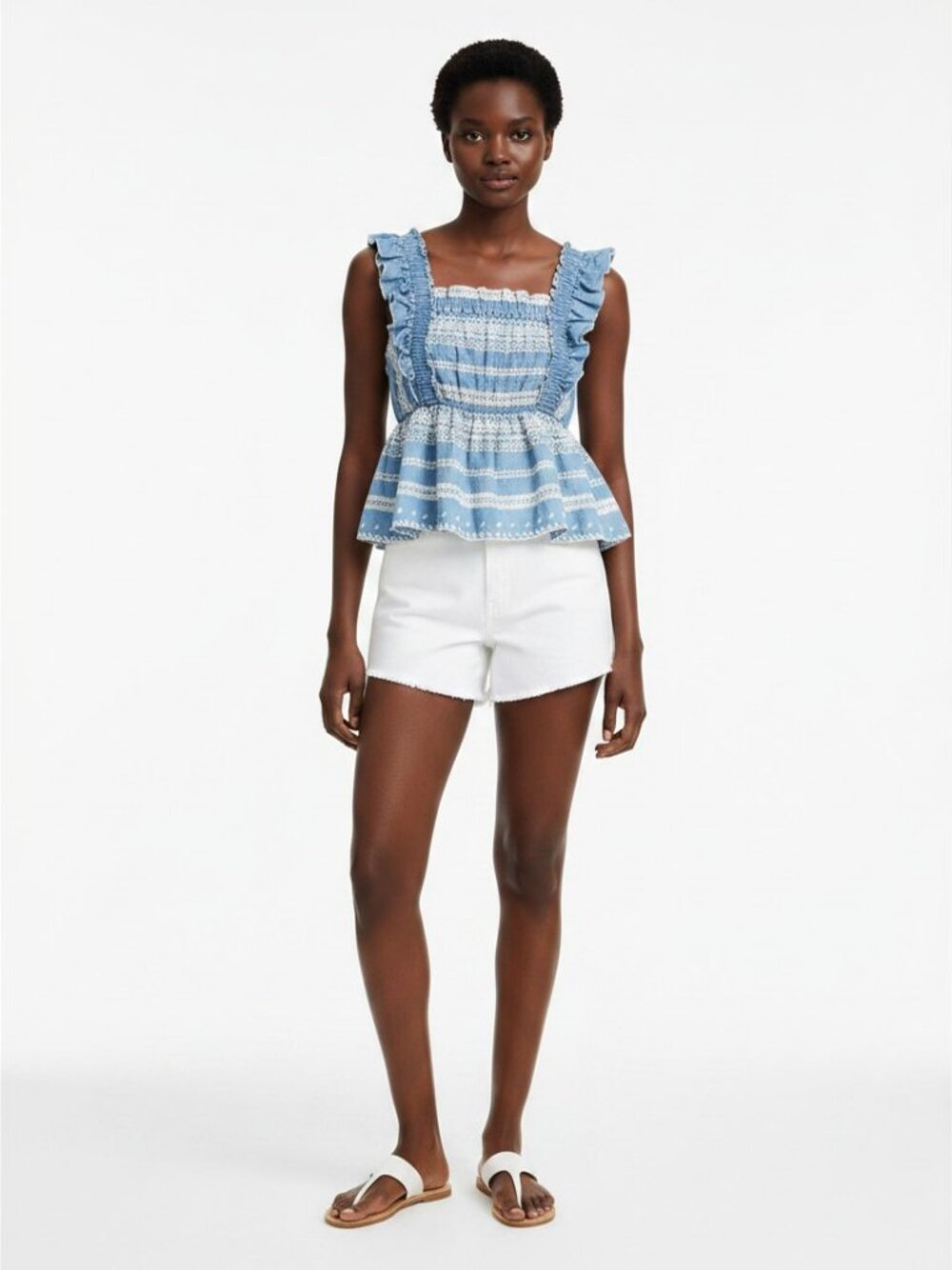 Smocked Peplum Top Blue White Embroidered Eyelet Boho OS